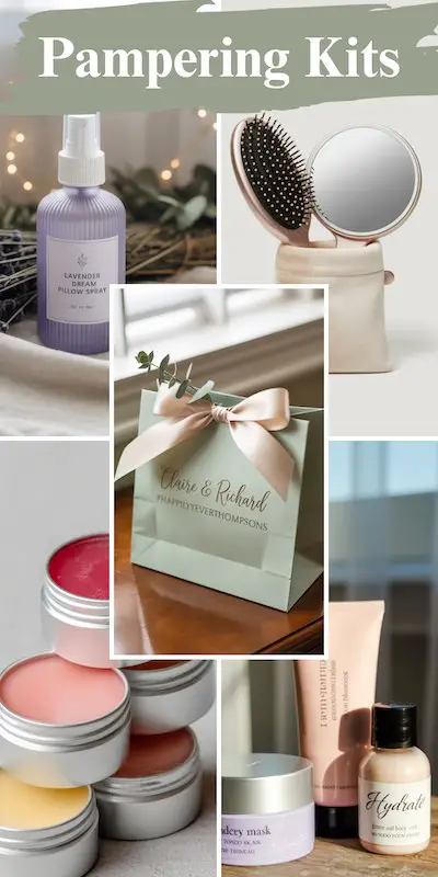 Wedding welcome bag with umbrellas, ponchos, blankets, and sunscreen for rain or shine.