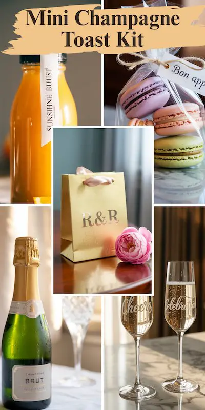 Wedding favor bag with mini champagne, juice mixers, macarons, and custom glasses.