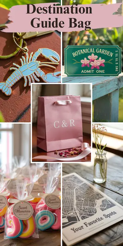 Wedding welcome bag with local maps, attraction tickets, candy, and keepsakes for out-of-town guests