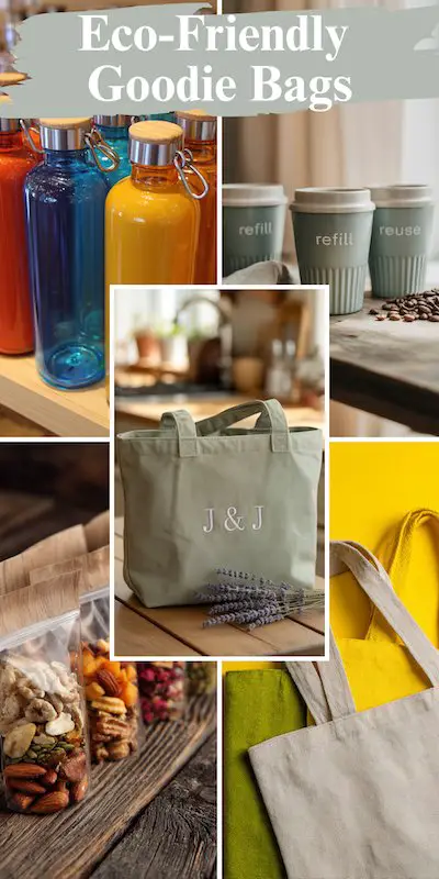 Sustainable wedding welcome bag with reusable bottles, coffee cups, tote bags, and healthy snacks.