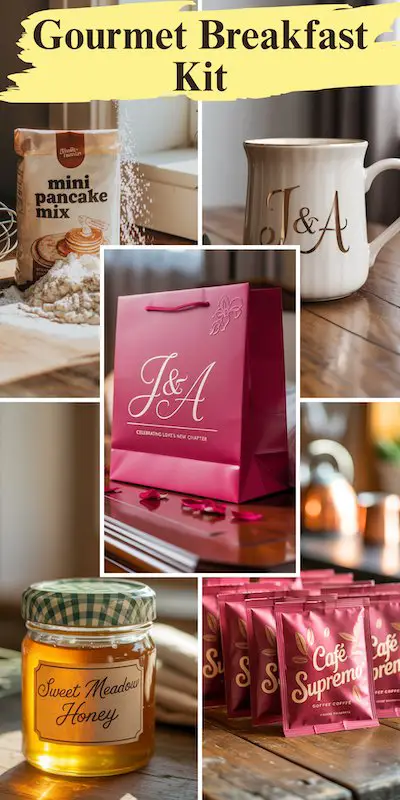 Wedding welcome bag with pancake mix, honey, coffee packets, and personalized mugs.
