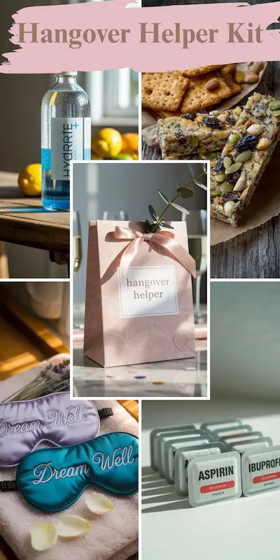 Wedding welcome bag with hydration drink, snacks, sleep masks, and pain relievers for post-celebration recovery