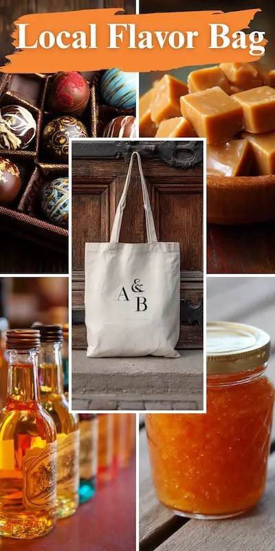 Local flavor wedding favor bag filled with chocolates, caramels, jams, and artisanal drinks in a custom tote