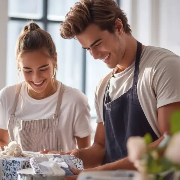 a man and woman smiling and opening presents