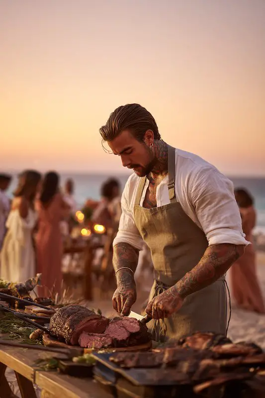 Bearded chef with tattoos carving roast beef at an outdoor beach wedding reception during sunset Bearded chef with tattoos carving roast beef at an outdoor beach wedding reception during sunset.