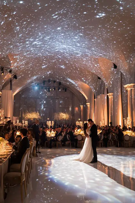 Bride and groom sharing their first dance under a starry light projection, with guests seated at elegant candlelit tables in a grand ballroom. Bride and groom sharing their first dance under a starry light projection, with guests seated at elegant candlelit tables in a grand ballroom.