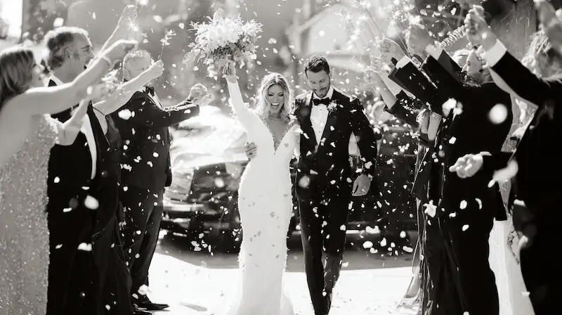 Bride and groom walk hand in hand during their wedding exit as guests cheer and toss flower petals, creating a joyful and celebratory moment in black and white.