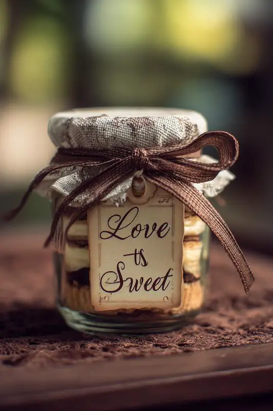 Close-up of a wedding favor jar filled with layered treats, wrapped in fabric and tied with a ribbon labeled “Love is Sweet.” Close-up of a wedding favor jar filled with layered treats, wrapped in fabric and tied with a ribbon labeled “Love is Sweet.”