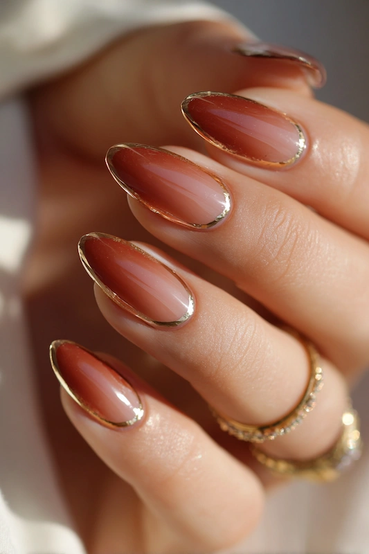 Close-up of wedding nails with cinnamon mocha French tips, gold foil edges, soft smile line, and a glossy finish in natural light Close-up of wedding nails with cinnamon mocha French tips, gold foil edges, soft smile line, and a glossy finish in natural light