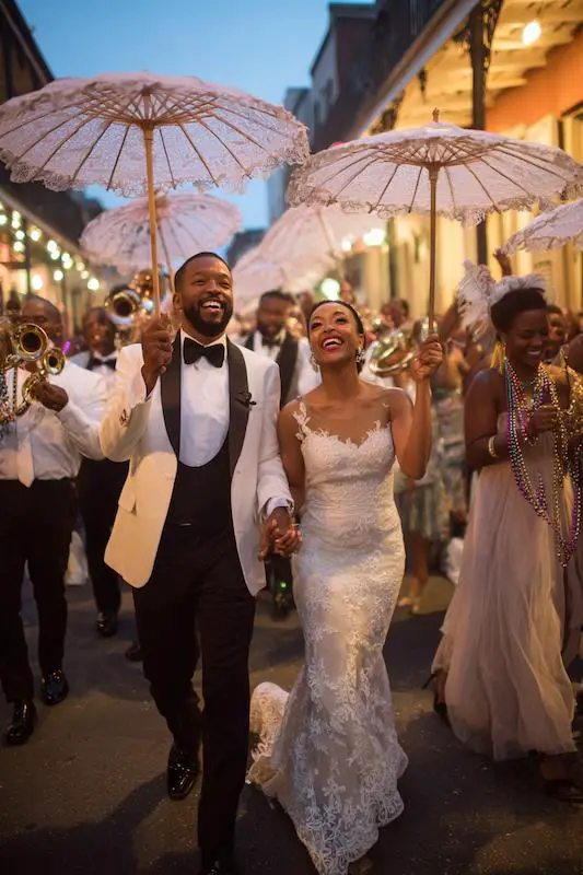 Newlywed couple leads a joyful second line parade, holding lace parasols as a brass band and guests celebrate in the street. Newlywed couple leads a joyful second line parade, holding lace parasols as a brass band and guests celebrate in the street.