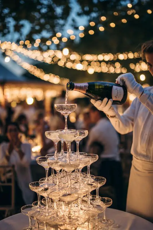 Waiter in white gloves pouring champagne into a tall glass pyramid during a wedding toast. Waiter in white gloves pouring champagne into a tall glass pyramid during a wedding toast.
