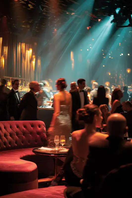 Wedding guests in glamorous evening attire mingling and dancing under soft spotlights in a chic lounge-style reception with velvet seating and champagne glasses. Wedding guests in glamorous evening attire mingling and dancing under soft spotlights in a chic lounge-style reception with velvet seating and champagne glasses.