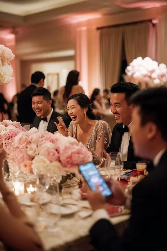 Wedding guests laughing and enjoying dinner at a reception table decorated with pink peony centerpieces and glowing candles. Wedding guests laughing and enjoying dinner at a reception table decorated with pink peony centerpieces and glowing candles.
