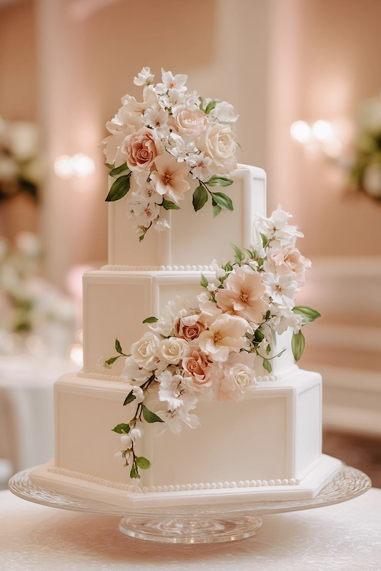 Elegant three-tier hexagon wedding cake adorned with cascading blush and ivory sugar flowers and greenery, displayed in a softly lit reception setting