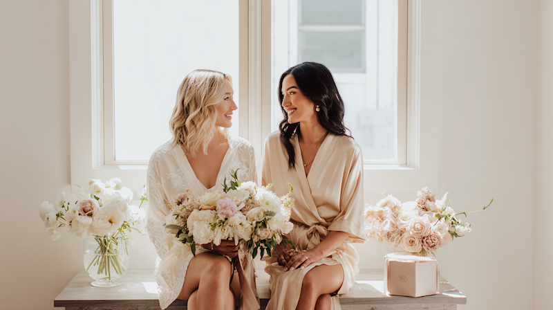Bride and Maid of Honor sitting on a bench in soft natural light, each holding pastel floral bouquets, smiling warmly at each other in a serene bridal getting-ready setting with additional flower arrangements around them.