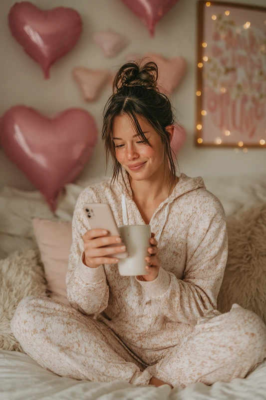Woman in cozy pajamas expecing a Valentine's Day Proposal sitting cross-legged on her bed, smiling at her phone while holding a coffee, with pink heart balloons behind her.