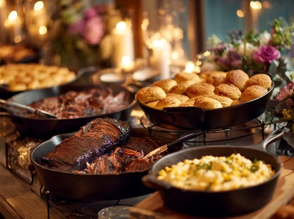 Wedding BBQ Buffet with Cast iron pans filled with BBQ brisket, cornbread, and mac and cheese on an elegant candlelit wedding buffet table