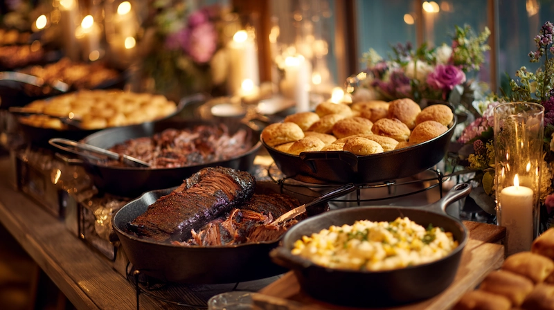 Wedding BBQ Buffet with Cast iron pans filled with BBQ brisket, cornbread, and mac and cheese on an elegant candlelit wedding buffet table