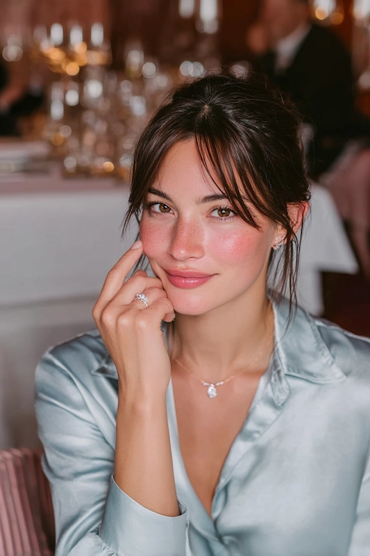 Future bride seated at a candlelit reception table, touching her cheek and smiling softly while wearing a delicate engagement ring.