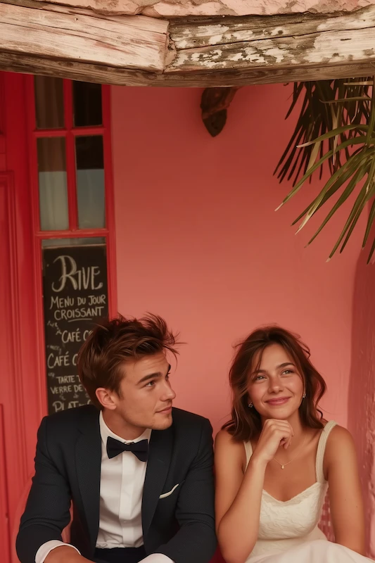 Smiling engaged couple seated at a pink café wall, groom in a tuxedo and bride in a white dress with a relaxed, romantic pose.