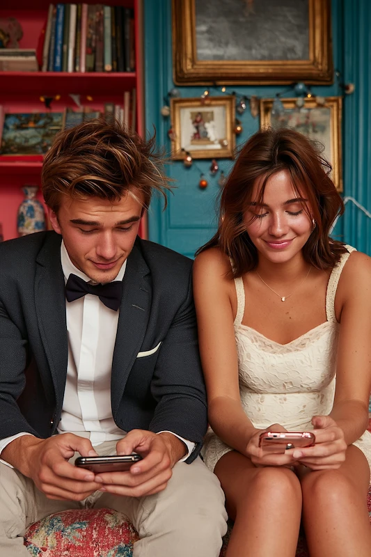 Casual couple sitting on a colorful sofa indoors, both smiling while looking down at their phones in a cozy, eclectic room.