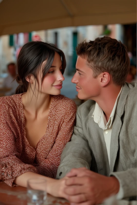 Couple sitting at an outdoor café, holding hands and leaning toward each other with soft romantic expressions.