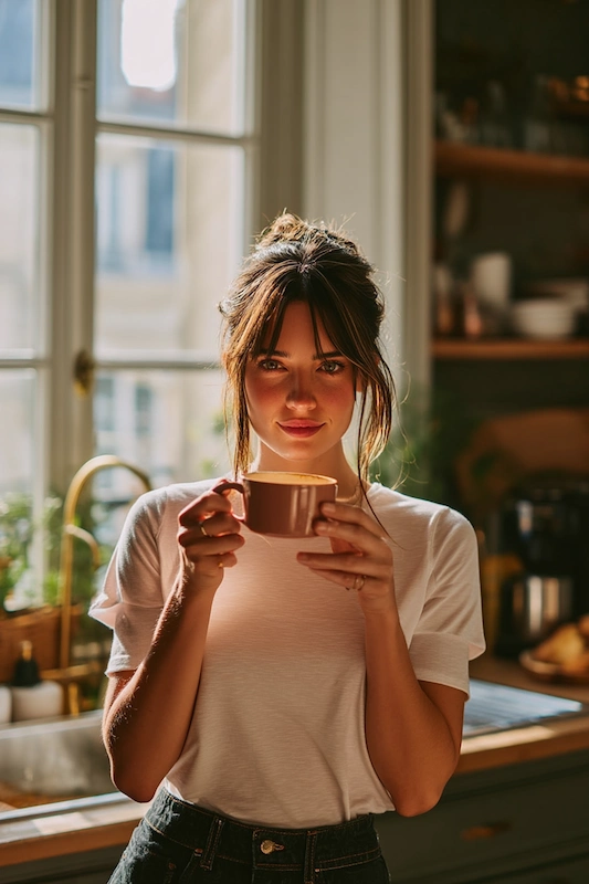 Future bride standing in a sunlit kitchen holding a warm coffee mug, softly lit by window light in a calm morning moment.