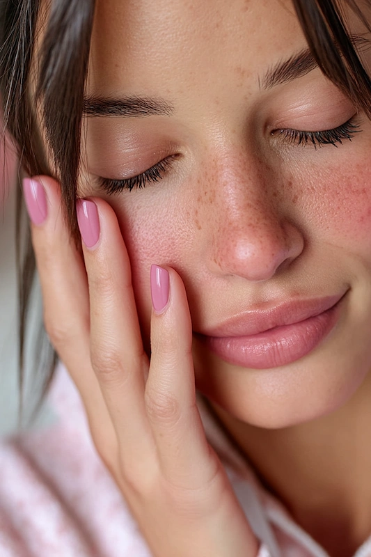 Close-up of bride to be with soft freckles and pink nails gently touching her cheek, eyes closed in a calm romantic moment.