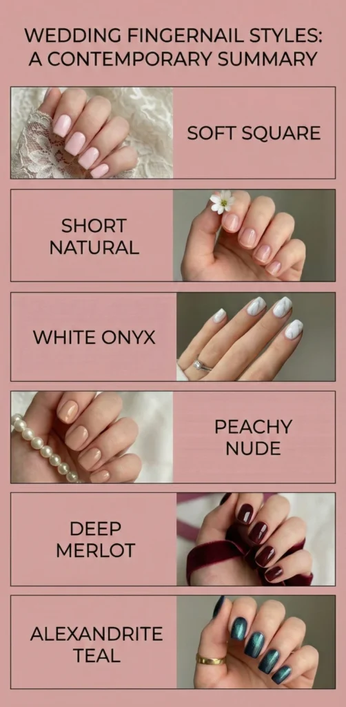 Wedding fingernail styles chart showing Engagement Nail Trends like soft square, short natural, white onyx, peachy nude, deep merlot, and teal nails
