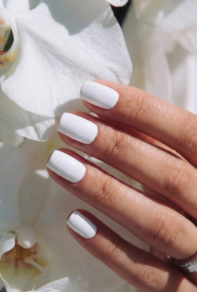 White square manicure on natural nails against soft white orchid petals in bright natural light