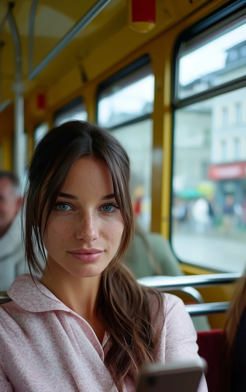Young woman with blue eyes sitting on a city bus, holding a phone and looking into the camera with soft natural light.