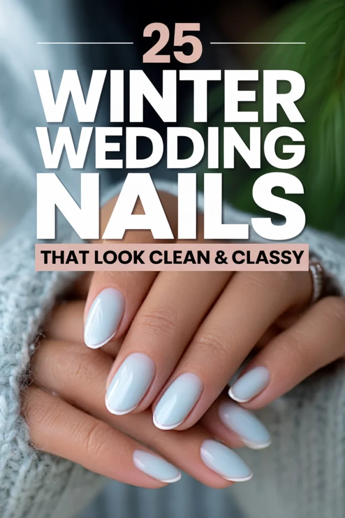 Pinterest cover showing icy blue bridal nails with white outline tips and text overlay reading 25 winter wedding nails that look clean and classy