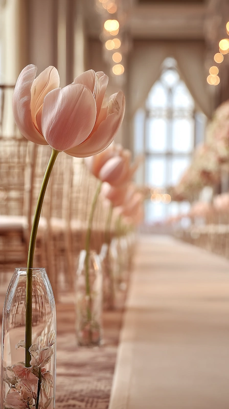 25 Pastel Wedding Theme Ideas That Look Modern and Fresh 8 Single blush tulip in clear bud vase lining a wedding ceremony aisle with soft lighting and elegant chairs in background