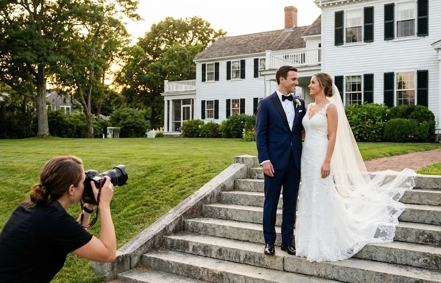 Wedding photographer capturing bride and groom on stone steps in front of a classic white estate at golden hour