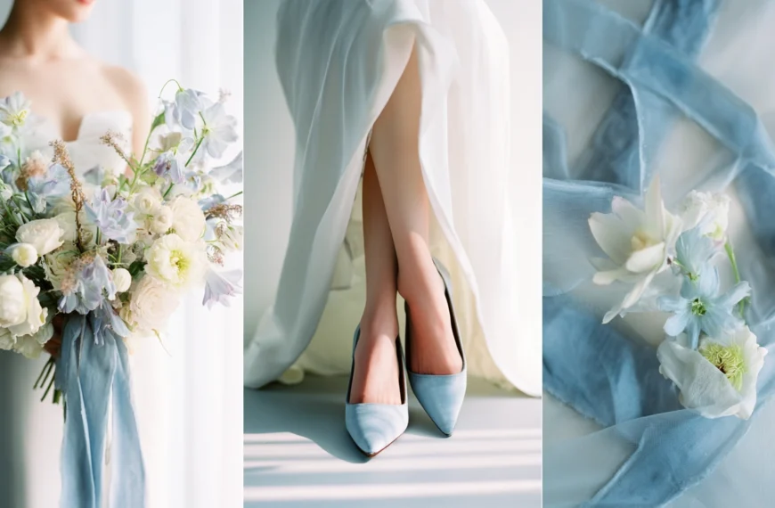 Pastel wedding details featuring bride with soft blue bouquet pale blue heels flowing gown and airy florals in natural light