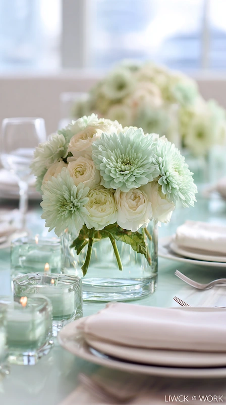 25 Pastel Wedding Theme Ideas That Look Modern and Fresh 13 Mint and ivory wedding centerpiece with roses and chrysanthemums in glass vase on soft green table with candles