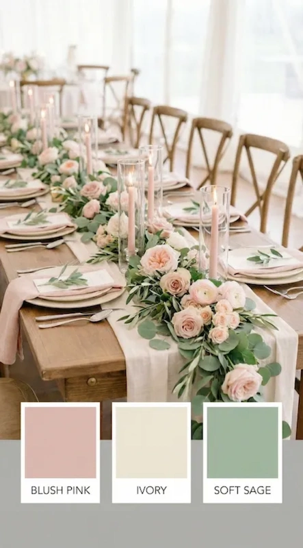 25 Pastel Wedding Theme Ideas That Look Modern and Fresh 1 A pastel wedding theme with details featuring bride with soft blue bouquet pale blue heels flowing gown and airy florals in natural lightBlush pink ivory and soft sage wedding reception table with rose garland greenery glass candles and wooden cross back chairs