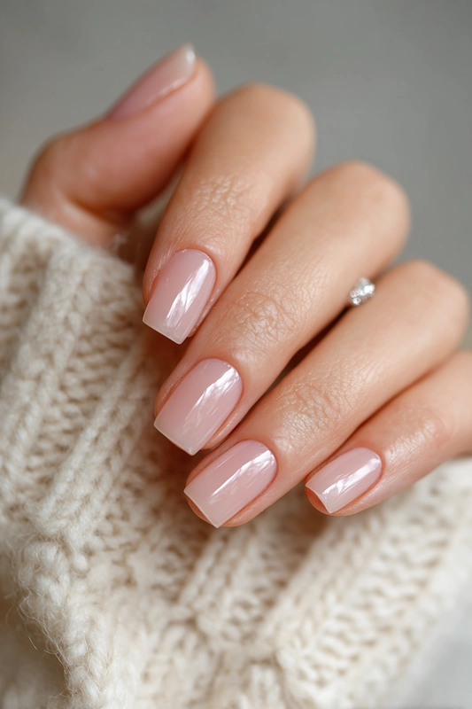 Close up of bride’s hand with sheer ballet pink jelly nails, short square shape, glossy finish, clean cuticles, soft natural light