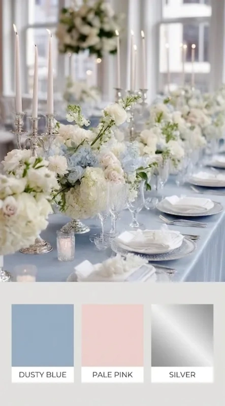 25 Pastel Wedding Theme Ideas That Look Modern and Fresh 2 Dusty blue pale pink and silver wedding reception table with white florals crystal glassware and tall taper candles