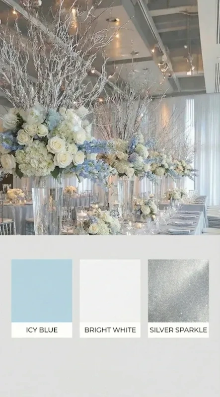 25 Pastel Wedding Theme Ideas That Look Modern and Fresh 6 Icy blue bright white and silver sparkle winter wedding reception with tall floral centerpieces frosted branches and candles
