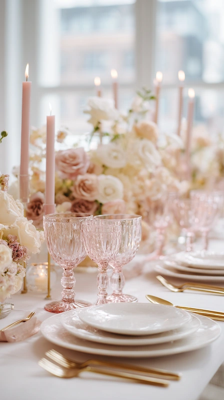 25 Pastel Wedding Theme Ideas That Look Modern and Fresh 11 Luxury wedding reception table with blush florals, pink taper candles, crystal goblets, gold flatware, and layered plates