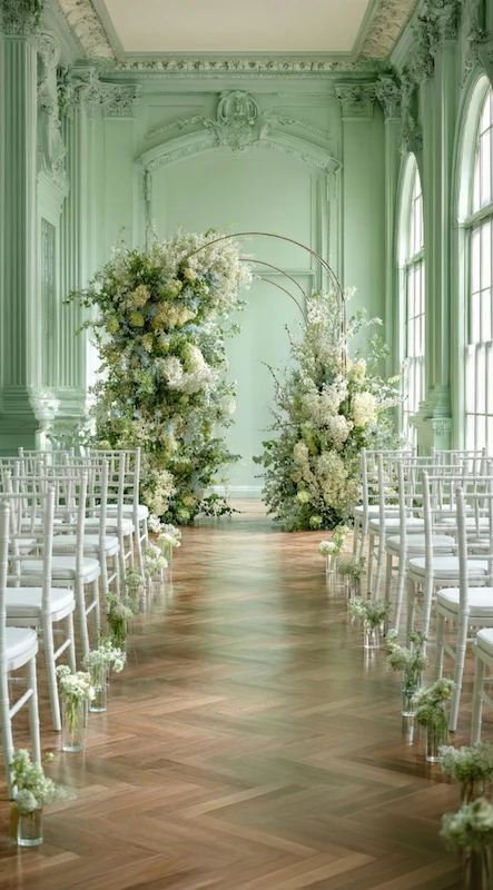 25 Pastel Wedding Theme Ideas That Look Modern and Fresh 7 Mint green ballroom wedding ceremony with floral arch, white chiavari chairs, lush aisle florals, tall windows