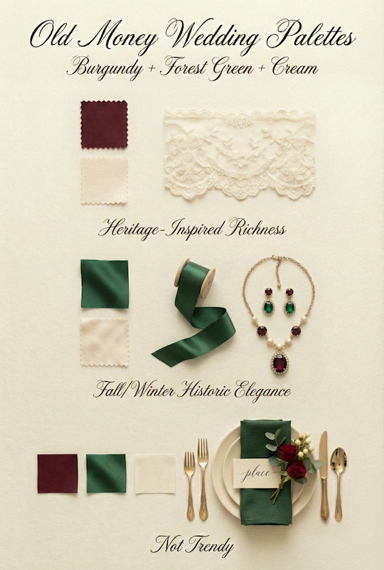 Old money wedding palette with burgundy, forest green, and cream swatches, lace, ribbon, jewelry, and an elegant place setting