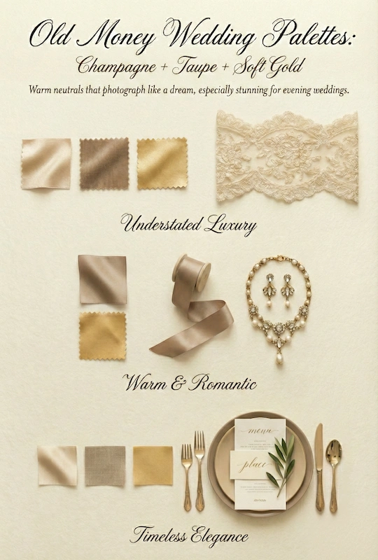 Old money wedding palette with champagne, taupe, and soft gold swatches, lace, ribbon, jewelry, and an elegant table setting