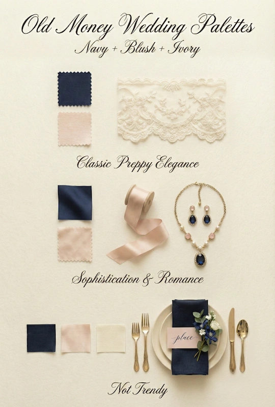 Old money wedding palette featuring navy, blush, and ivory swatches with lace, ribbon, jewelry, and an elegant place setting