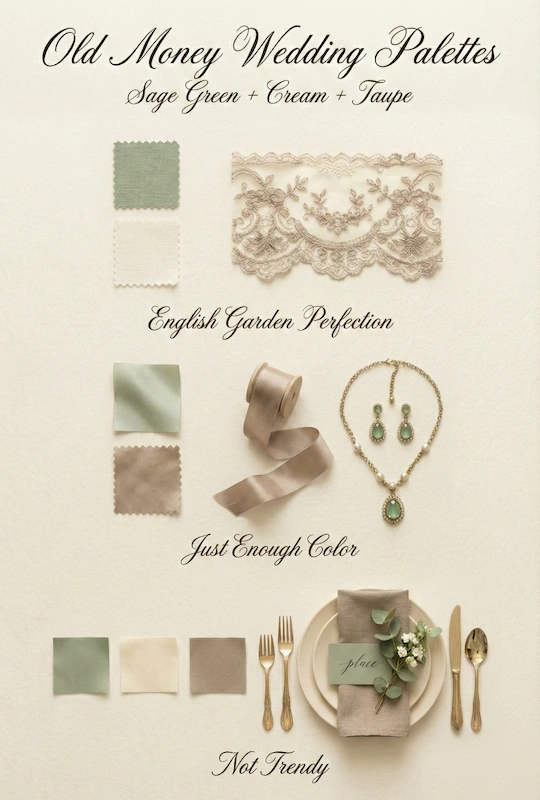 Old money wedding palette with sage green, cream, and taupe swatches, lace, ribbon, jewelry, and an elegant place setting