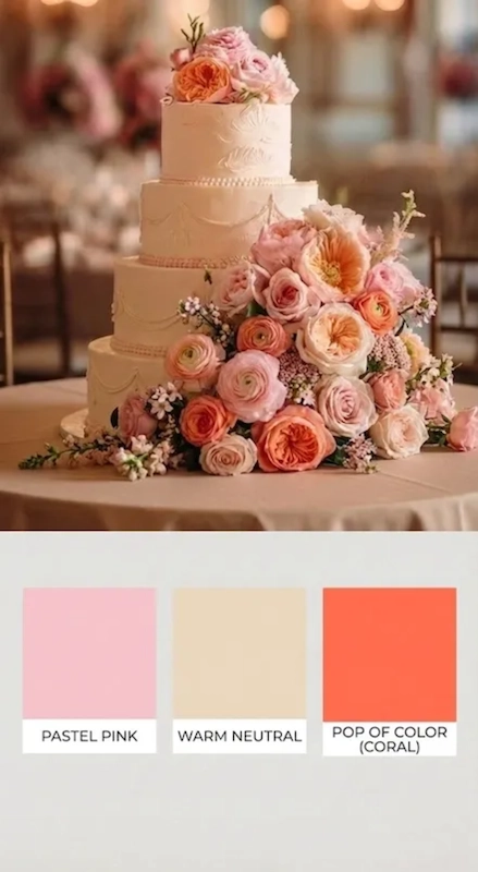 25 Pastel Wedding Theme Ideas That Look Modern and Fresh 5 Pastel pink and warm neutral wedding cake with coral floral accents displayed in an elegant ballroom reception setting