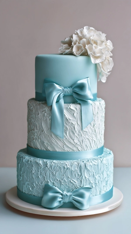 25 Pastel Wedding Theme Ideas That Look Modern and Fresh 25 Three tier wedding cake in soft blue with textured buttercream satin ribbon bows and white floral topper on neutral backdrop