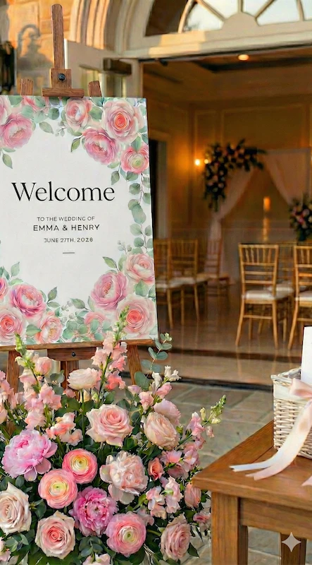 25 Pastel Wedding Theme Ideas That Look Modern and Fresh 9 Romantic wedding welcome sign with blush floral design on easel, lush pink arrangements, and ceremony chairs inside venue