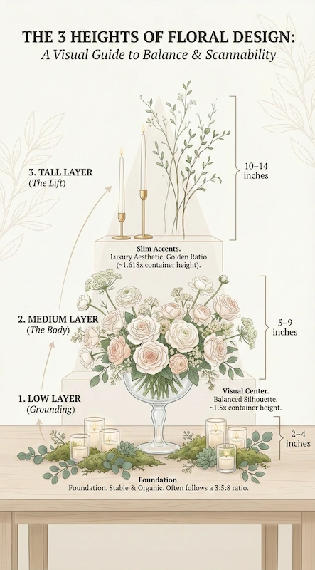 Illustrated wedding centerpiece guide showing low medium and tall floral layers with height ranges for balanced table decor